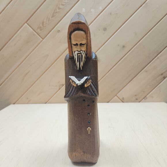 VTG Wood Hand-Carved Painted Kneeling Praying Priest Friar Jesuit w/ Rosary READ - Picture 1 of 8